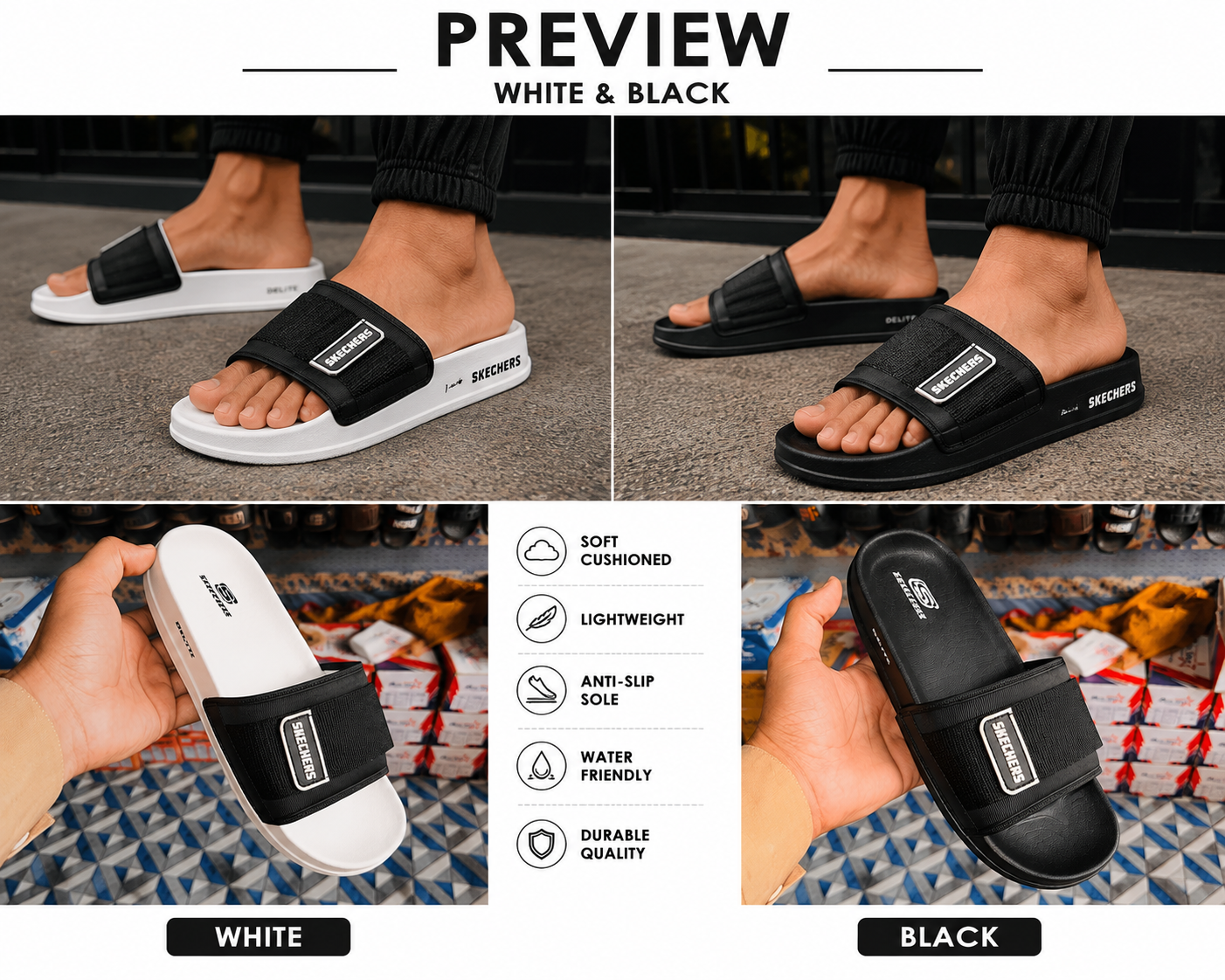 Skechers Style Adjustable Comfort Slides β White & Black | Premium Everyday Slippers